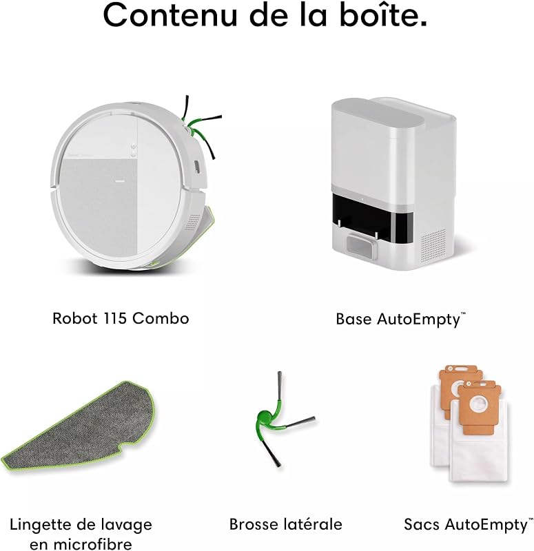 Roomba 115 Combo+Base AutoEmpty - Robot Aspirateur Laveur 2en1 - Puissance d'Aspiration 15KPa - Brosse latérale étendue - Lingette de Lavage déportée - Navigation LiDAR - Blanc