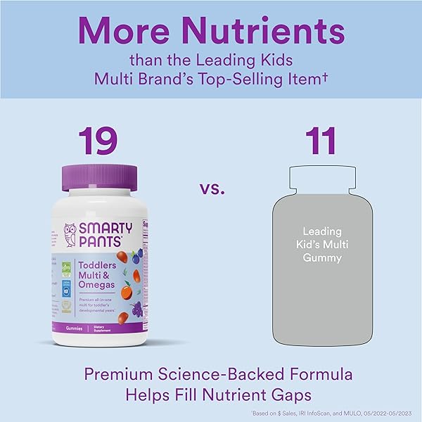 SMARTYPANTS TODDLER MULTIVITAMIN GUMMIES: OMEGA 3 FISH OIL (EPA/DHA), VITAMIN D3, C, VITAMIN B12, B6, A, K & ZINC, BIOTIN, BETA CAROTENE, GLUTEN FREE, THREE FRUIT FLAVORS, 90 COUNT (30 DAY SUPPLY)