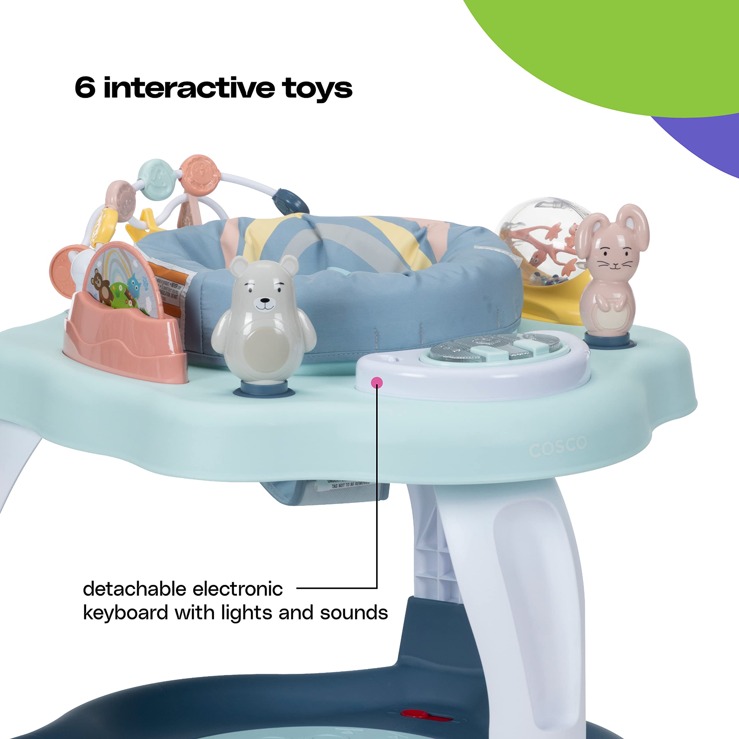 Cosco Play-in-Place Stationary Activity Center, 6 Engaging Toys and a 360° Rotating seat, 3-Position Height Adjustment Machine-Washable, Removable seat pad, Rainbow