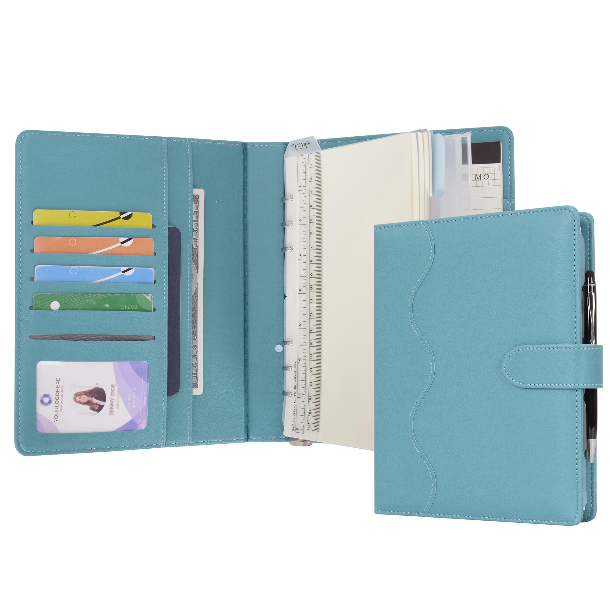 WASON A5 Diary Leather PU Lined Notebook Refillable Paper Journal, Removable Ring Binder Portfolio with Clipboard Writing Notepad and Pen for Travel Business School Agenda Organizer (Cyan) — image 1