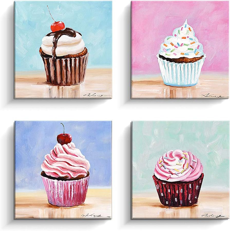 Pigort Canvas Wall Art 12" x 12" x 4 Pieces Ice Cream Paintings Print Pictures for Girls Room Wall Decor and Shop Decoration