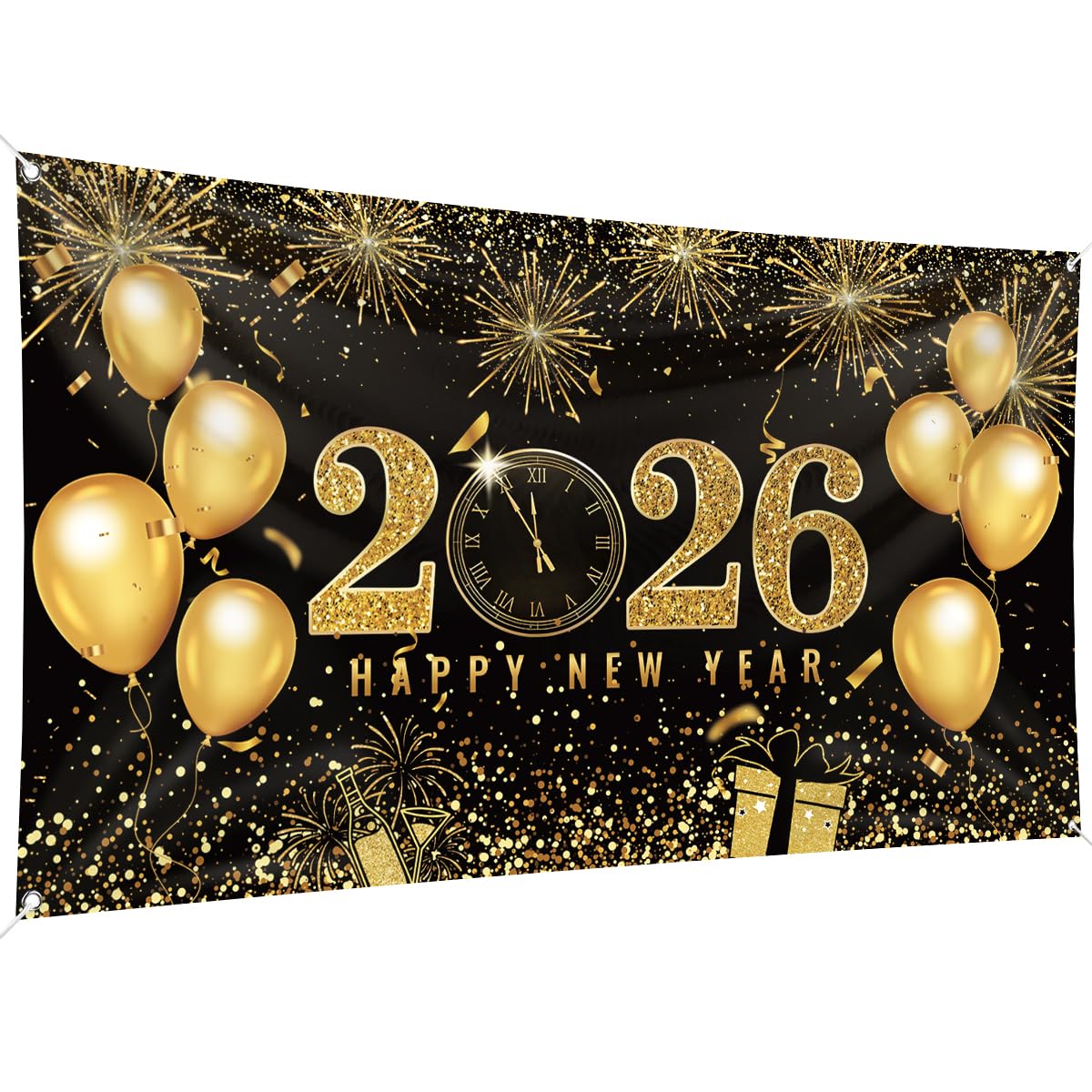Happy New Year Party Banner 200 x 110cm Large Size Happy New Year Banner Black Gold Background Banners New Year Eve Party Decorations Supplies for New Year Party Decorations Celebration