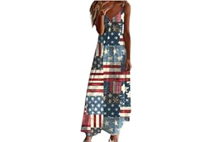 hlysgo Summer Dresses for Women 2024 Trendy Stars Strips Printed Sleeveless V Neck Patriotic Sundress 4th of July Maxi Dress
