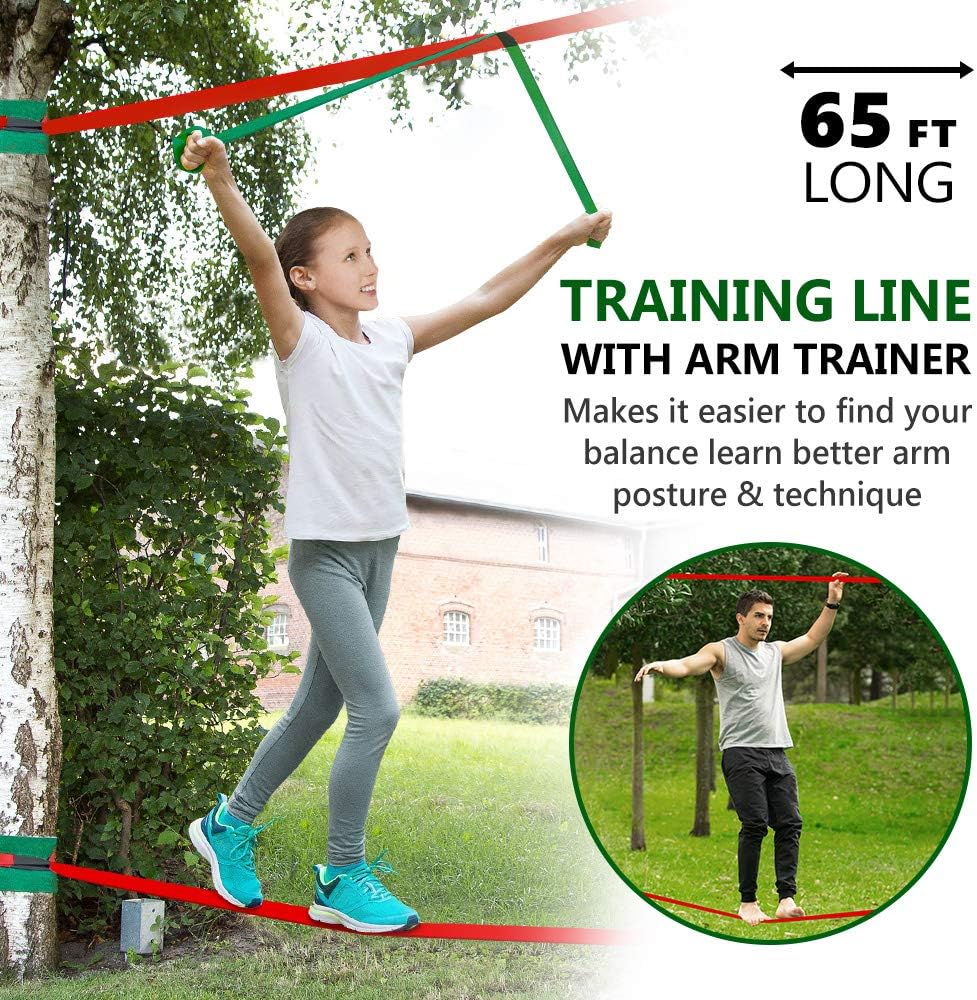 Ninja Warrior Obstacle Course for Kids - 2X65FT Longest Ninja Slackline with Most Complete Accessories for Kids, Swing, Trapeze Swing, Rope Ladder, Obstacle Net Plus 1.2M Arm Trainer: Toys & Games
