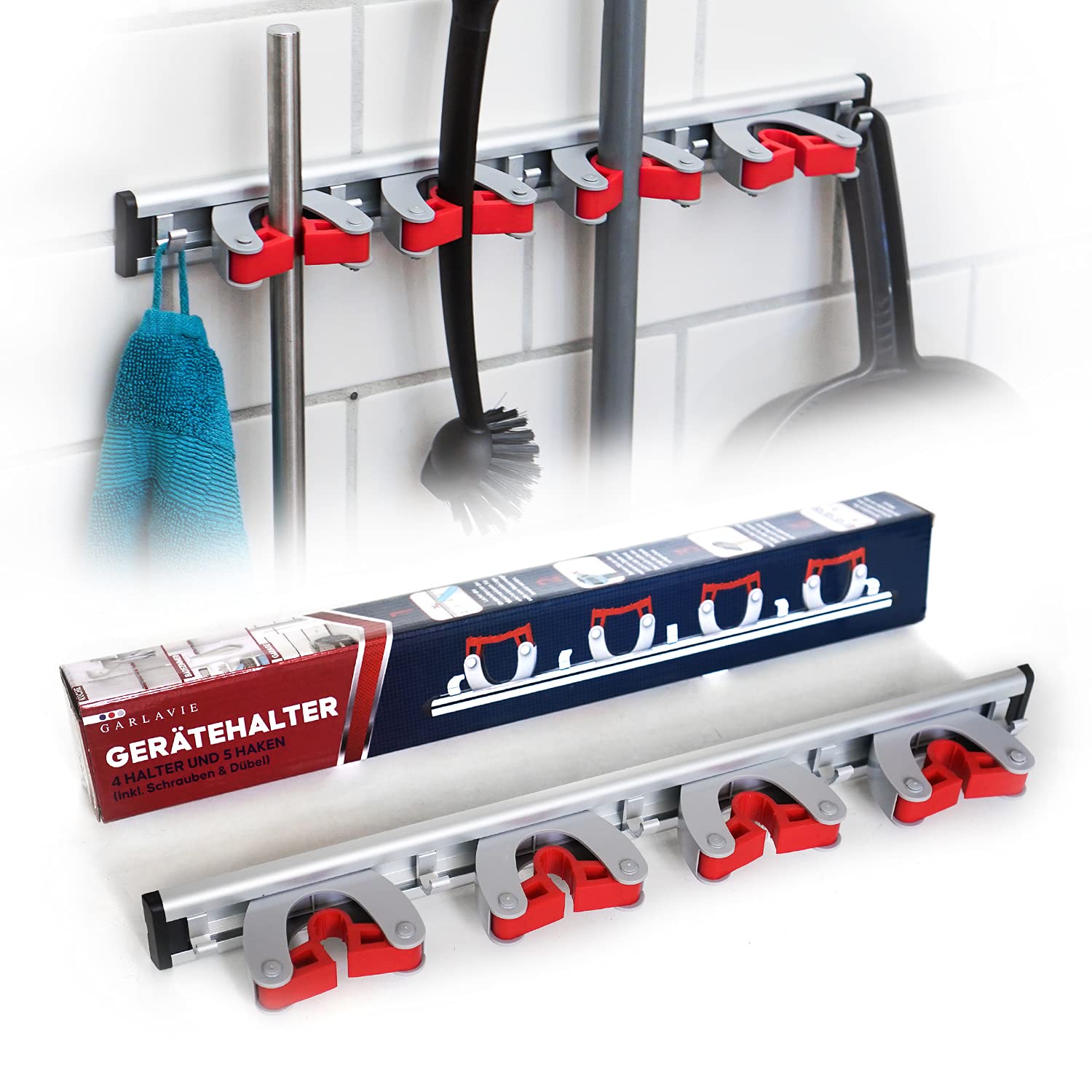 Garlavie Mop and Broom Holder Wall Mounted - 4 Holders, 5 Hooks, 45cm/18in - Brush Holder Wall Mounted - Garden Tool Rack & Utility Room Storage Solutions - Mop Holder Wall Mounted Tool Storage