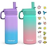 Kids Water Bottle, 2-Pack 16oz Water Bottles with Stickers and Straw, Stainless Steel Vacuum Insulated cup, Kids Water Bottle for School, Gifts for Boys and Girls(Purple/Green)