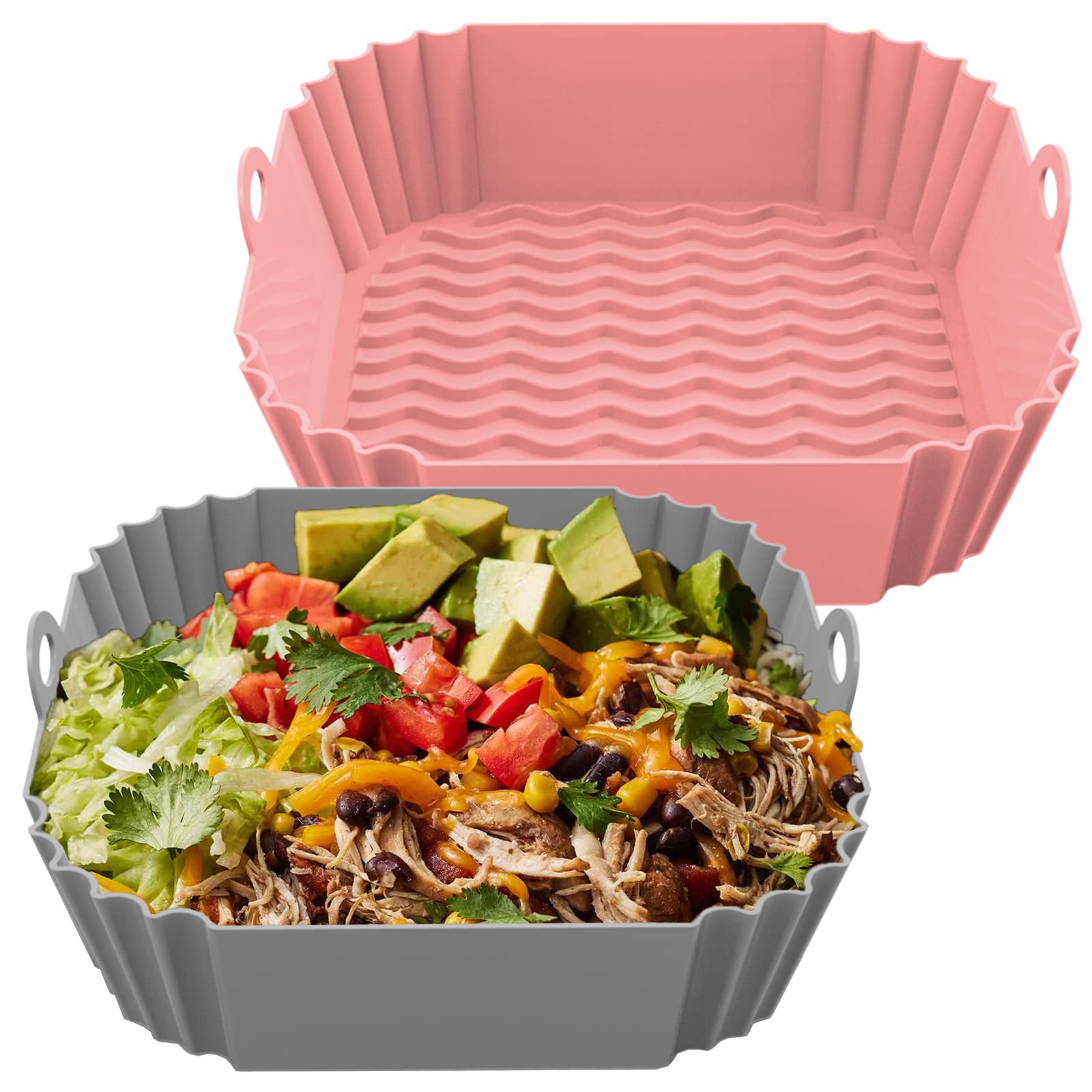Photo 1 of 8 Inch Square Silicone Air Fryer Liners (2 Pack) Pink & Grey Reusable Non-Stick Inserts with Handles for Mess-Free Cooking & Heat Resistance – For Airfryer Ninja COSORI Instant Vortex & More