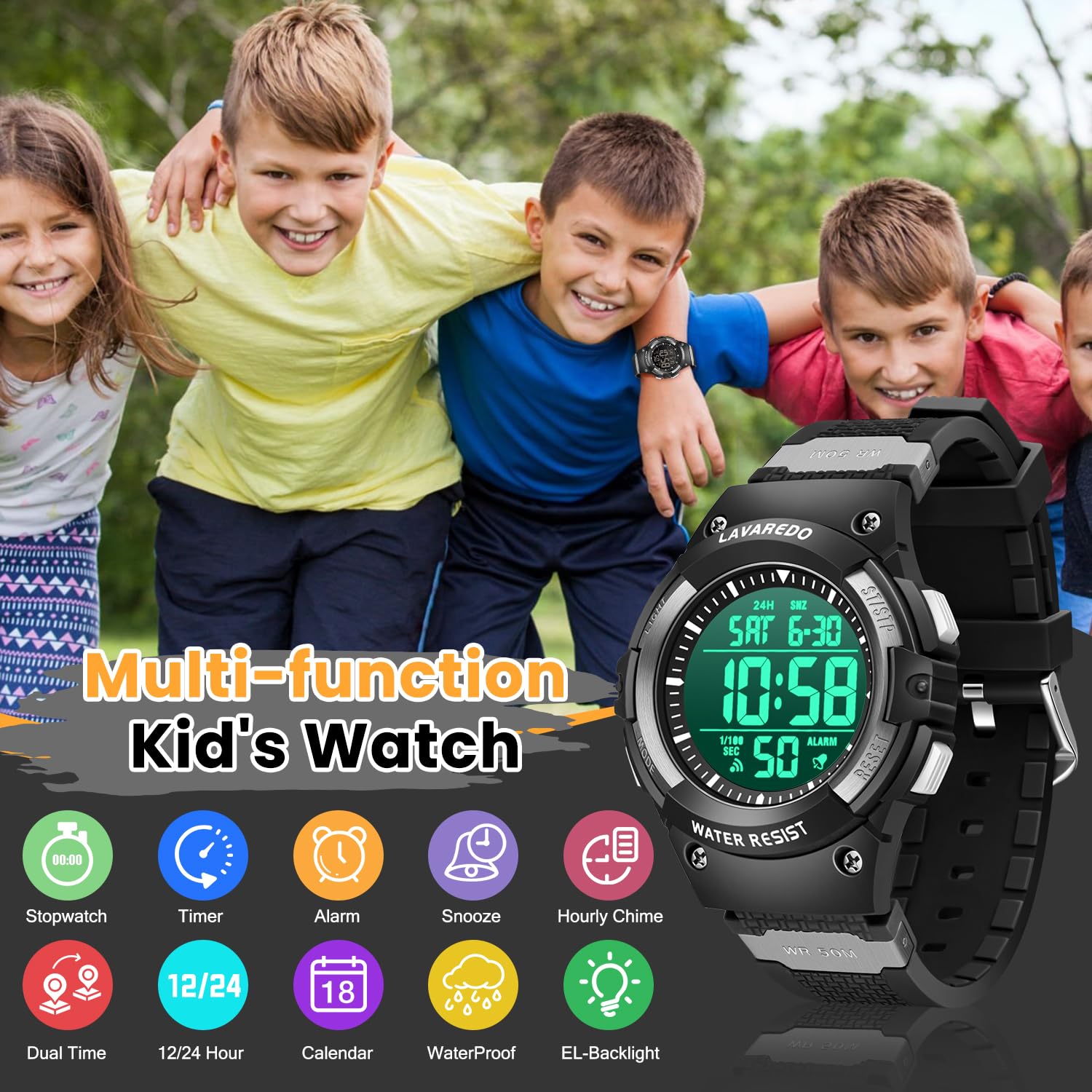 L LAVAREDO Kids Watch Boys,Digital Outdoor Sports Watches,50M Waterproof Chronograph Multifunctional Wristwatch with Alarm/Timer/Stopwatch for 5-16 Year Old Children Teens-Fits Wrist 6.3
