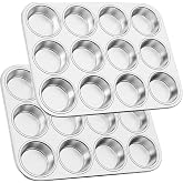 Blingco 12-Cup Stainless Steel Muffin Pan, Cupcake Pan Metal Muffin Baking Tins for Oven &amp; Dishwasher Safe, Cupcake Pans for Baking Non-toxic &amp; Easy Clean Set of 2 