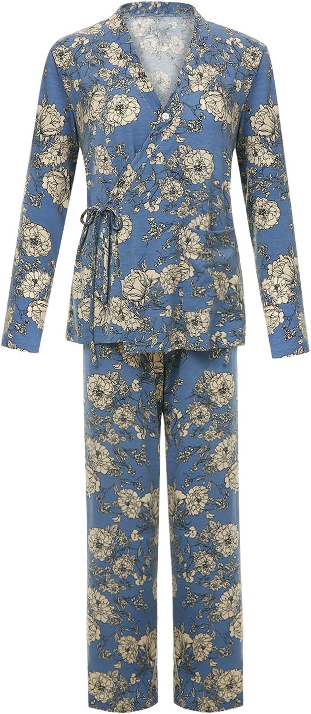 Suzicca Women’s Floral Kimono Long Sleeve Pajamas Sleepwear Floral Print Wrap Tops with Pants Pajama Sets