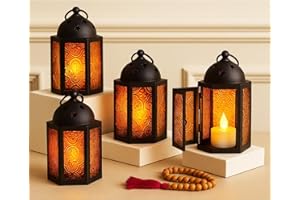 VELA LANTERNS Mini Halloween Tea Light Candle Holder Centerpieces – 4.25" Small Decorative Moroccan Lantern for Table or Hanging, Metal with Glass Panels – Ramadan, Wedding, Home Decor, Amber Orange (Set of 4)