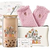 DHQH Nurse Christmas Gifts for Women, Nurse Week Gift for Nursing Nurses Female Practitioner, Rn Appreciation Gifts Set with 16oz Glass Cup Makeup Bag