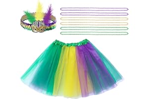 Heliltd Mardi Gras Costume Set for Women Tutus Skirt Feather Sequin Headband 6pcs Bead Necklaces Carnival Outfit for Parade