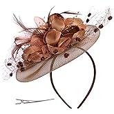 Women Feather Fascinator Flower Lace Hat Elegant Mesh Headpiece Headband for Tea Party Wedding Cocktail Church Bride Hairpin, Coffee