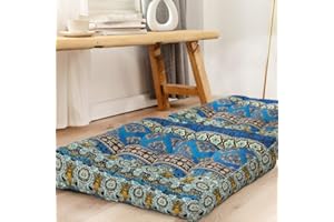 HIGOGOGO Square Bohemian Floor Cushion, Cotton Linen Boho Design Seat Cushion for Adults Kids, Thick Meditation Pillow for Yoga Living Room Sofa Balcony Outdoor, Blue, 22x22 Inch, 1 Pack