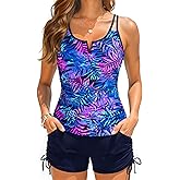 Womens Tankini Swimsuits with Shorts - 2 Piece Tummy Control Bathing Suit V-Wire Drawstring Swimwear with Pockets 2026