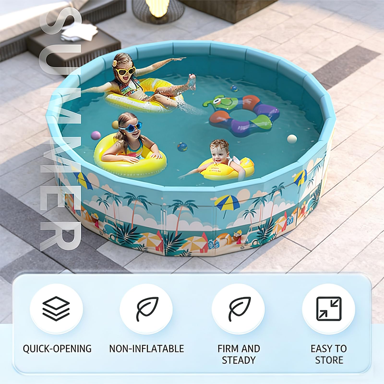 Condition photo showing New/Like New for folding non inflatable swimming pool, home swimming pool, mesh pvc material, suitable for backyard s