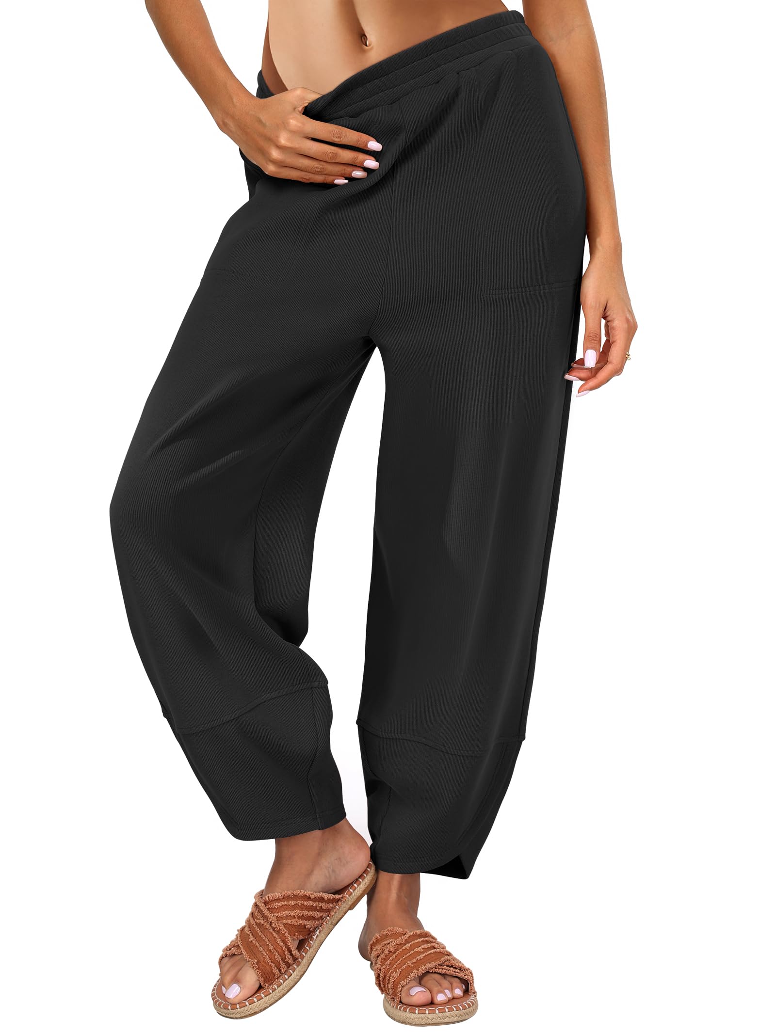 Photo 1 of Caracilia Womens Barrel Wide Leg Sweatpants Casual Elastic Waist Comfy 2025 Fall Vacation Travel Lounge Pants Black Medium