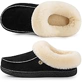 HomeTop Women's Comfy Moccasin Style Memory Foam Slip on Slippers Soft Microsuede Clog House Shoes with Luxury Fuzzy Fur Collar