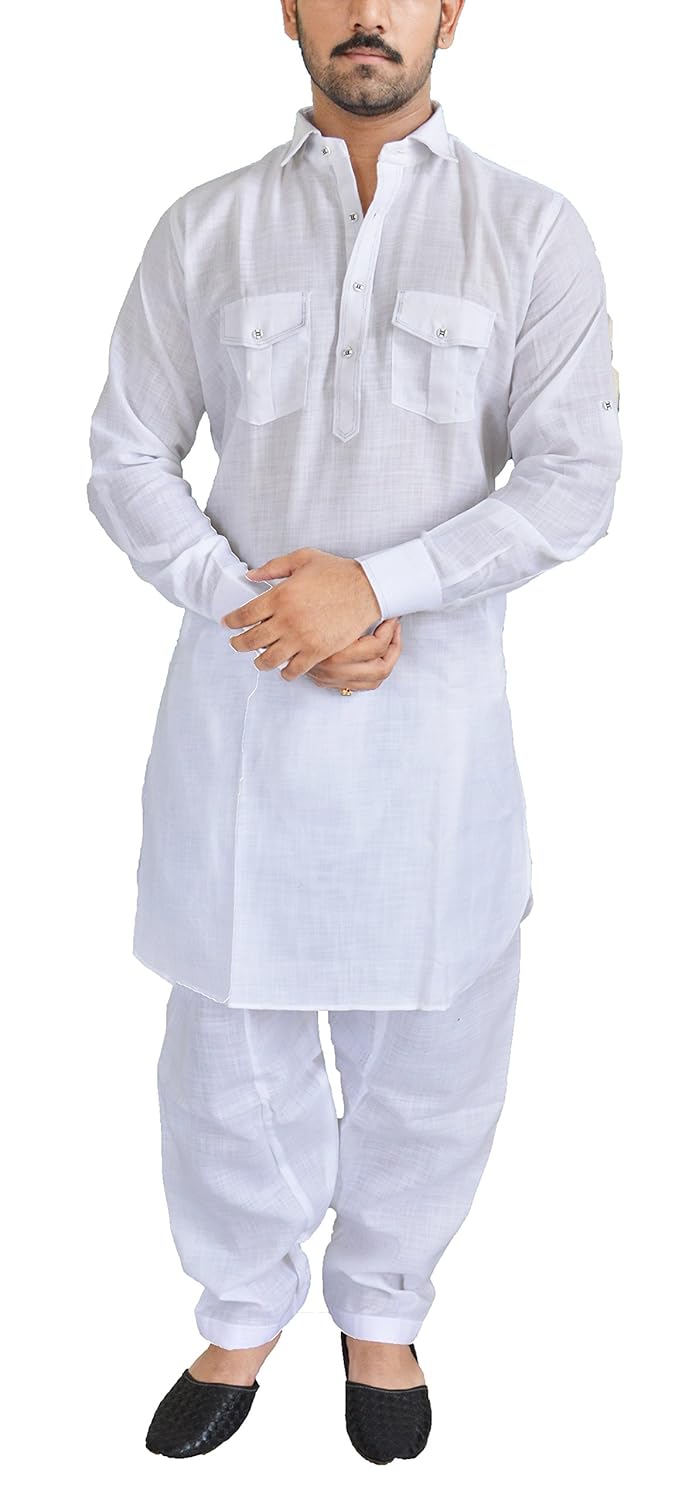 shahi libas men's cotton linen white pathani kurta salwar