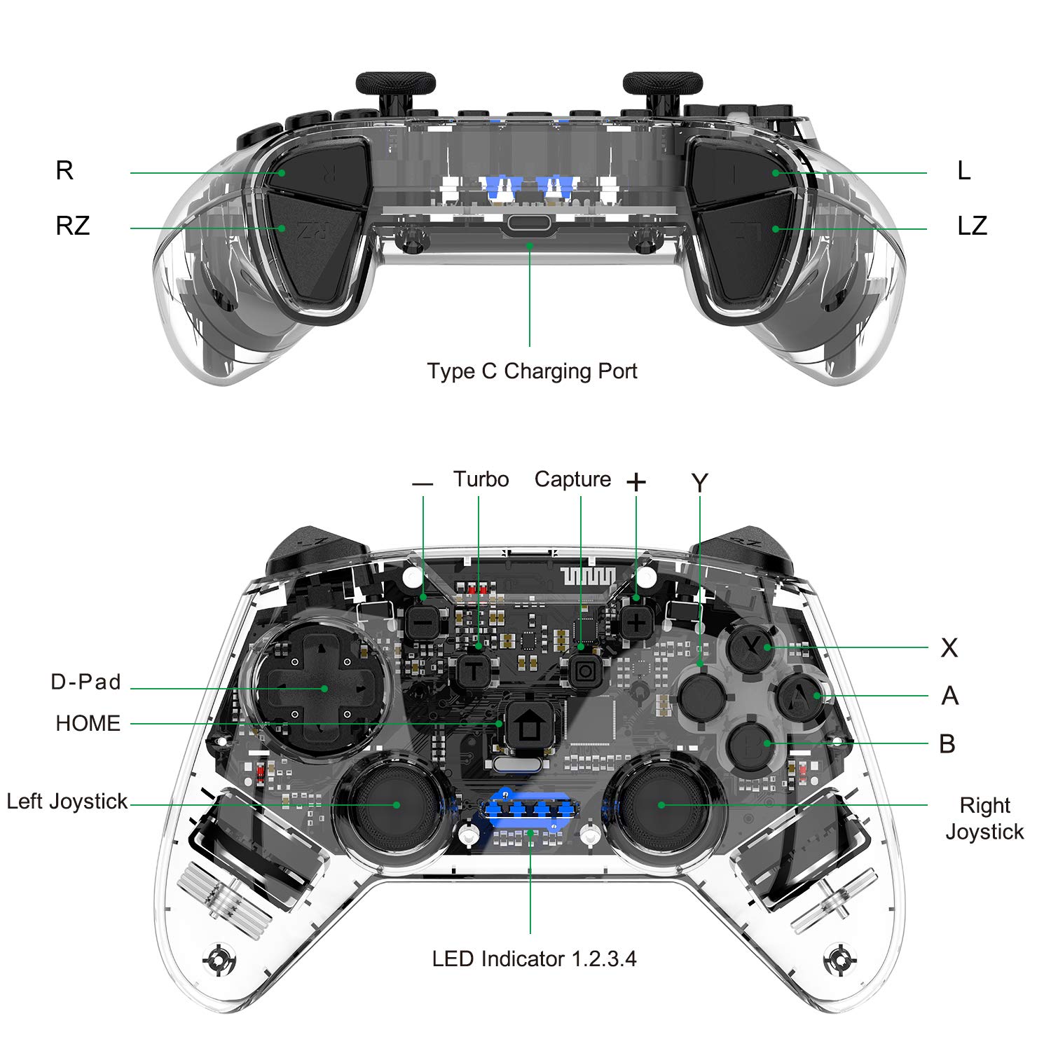 N-intendo Switch Pro Controller - Wireless Controller Remote with Dual Shock, Gyro Axis, Pro Switch Controller Gamepad Compatible with Bluetooth for N-intendo Switch Console (Clear)