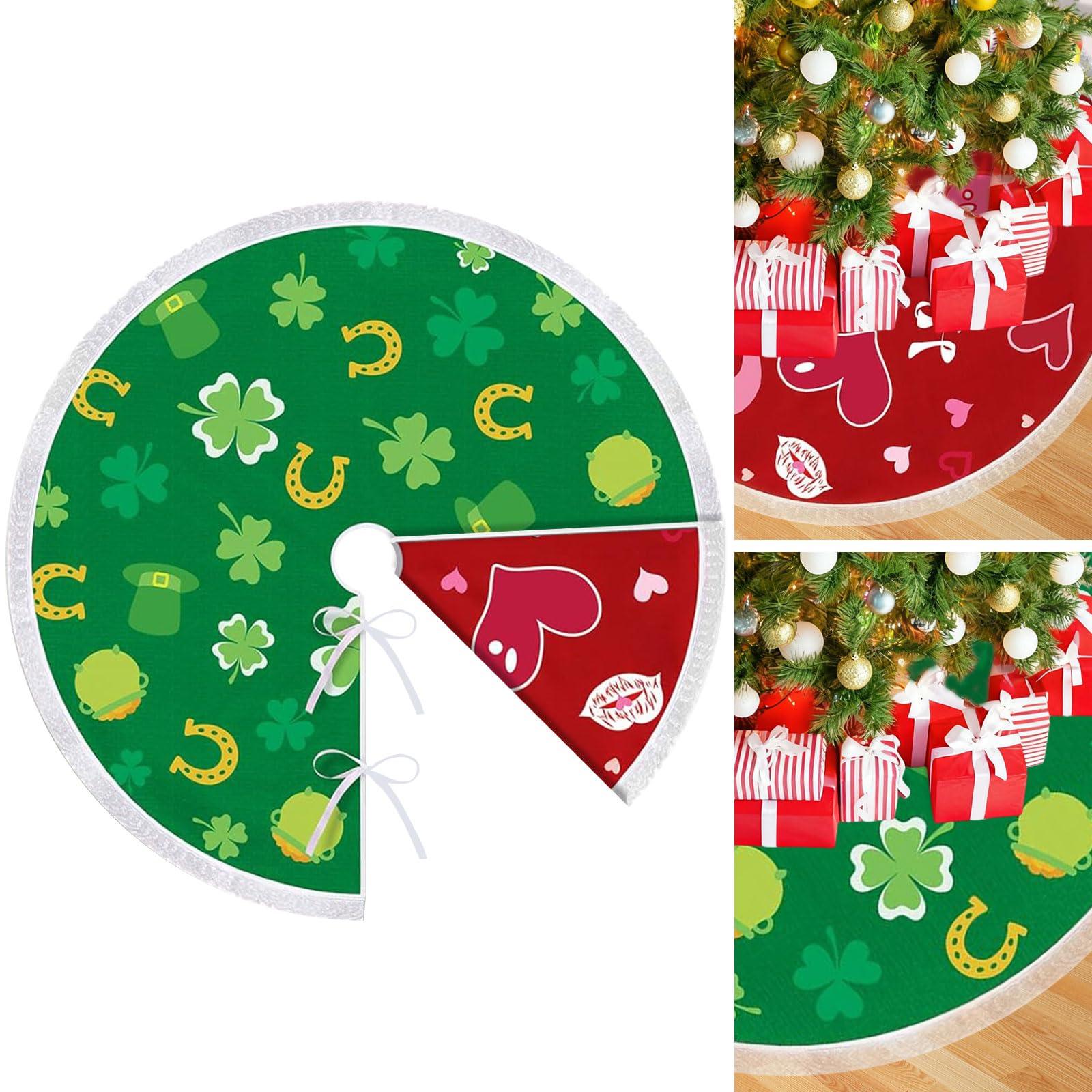 Photo 1 of 36 Inch St. Patrick's Day Tree Skirt Reversible Valentine's Day Decorations, Double Sided Print Mat Christmas Tree for Holiday Party (Valentines/St.Patricks)