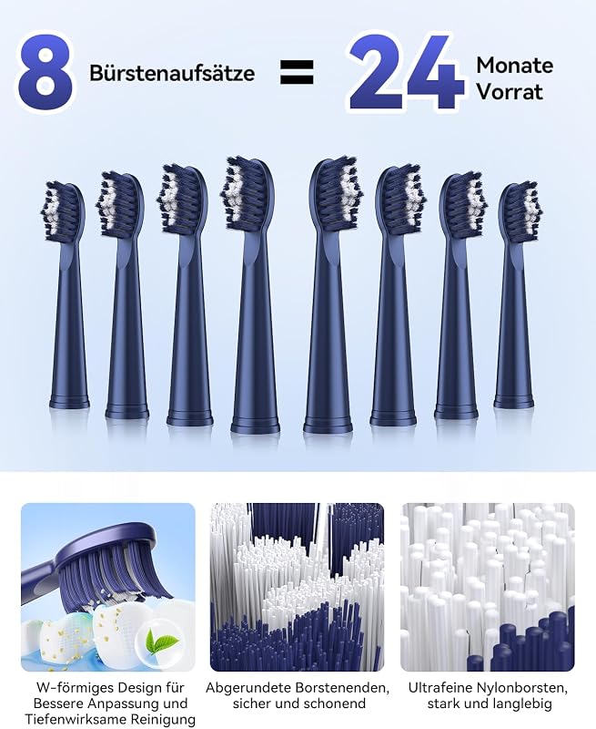 Elektrische Schallzahnbürste für Erwachsene – 5 Modi, 45 Tage Akkulaufzeit, 8 Bürstenköpfe, IPX7 Wasserdicht, Smart Timer, Reisefreundlich – Premium Sonic Zahnbürste Set für Familie (Blau)