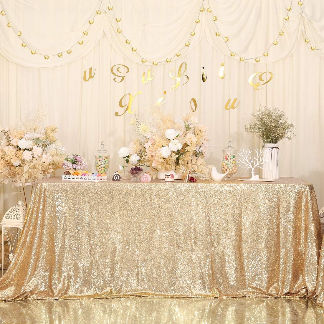 Eternal Beauty Sparkly Rectangular 127 x 203 cm Sequin Tablecloths for Wedding Party Banquet (Light Gold,50x80 inches) — image 1