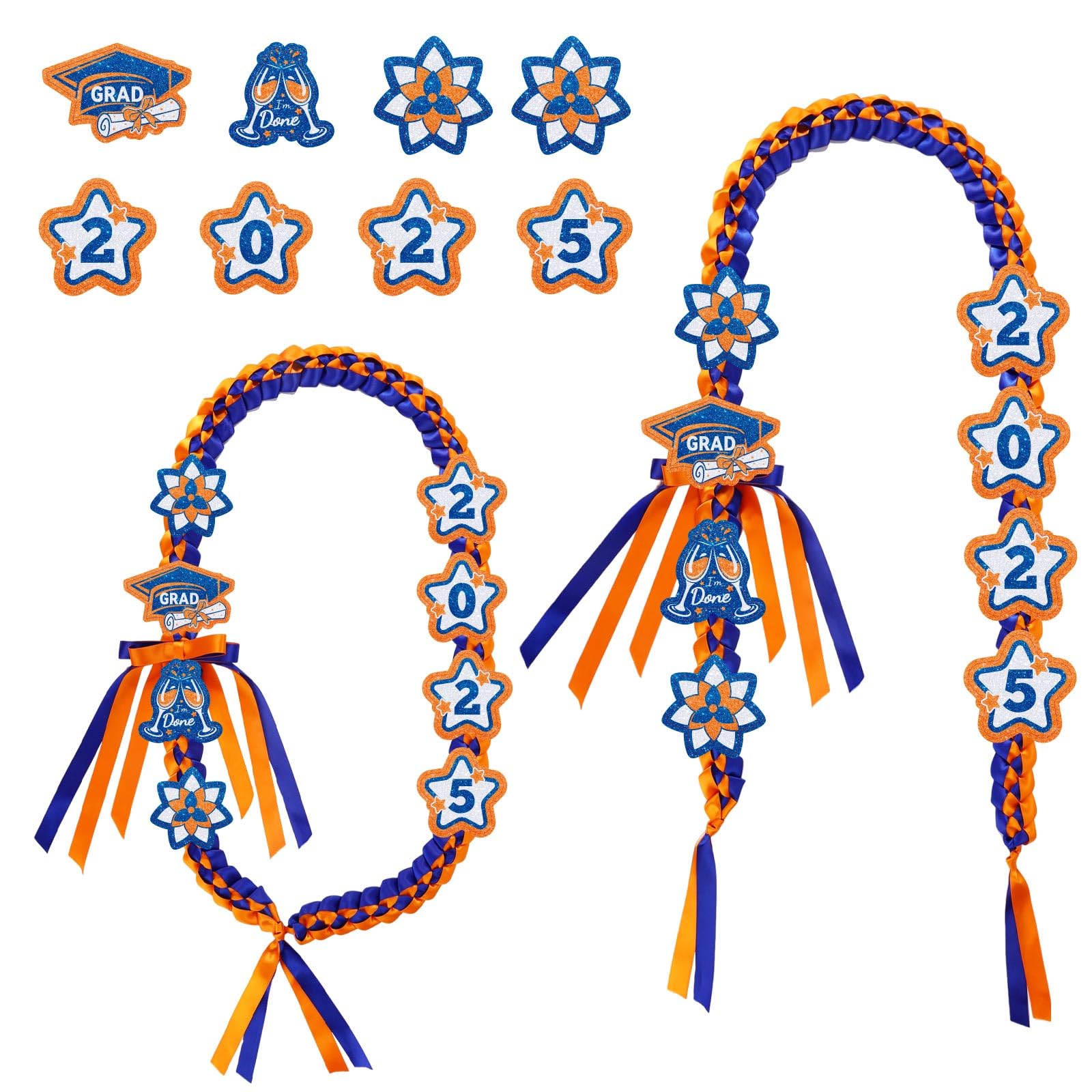 Photo 1 of 9pcs Graduation Leis Set, Class of 2025 Graduation Neck Garland Braided Necklace Star Flower Ribbon Lei Decorations Grad Gifts for High School & College Ceremony Party (Blue Orange)