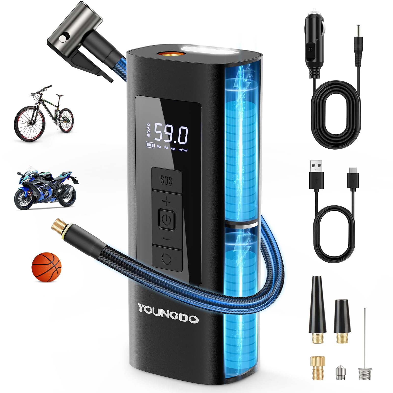 Photo 1 of YOUNGDO Tire Inflator Portable Air Compressor 150 PSI & 6000mAh Bike Pump with Gauge Quick Inflation for Car,Motorcycle,Bike,Balls, Rechargeable Via USB-C as Torch and Power Bank