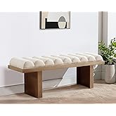 DAYALANE Linen Upholstered Entryway Bench, Modern Dining Room Bench with Channel Tufted Seat, Walnut Wood End of Bed Bench Co