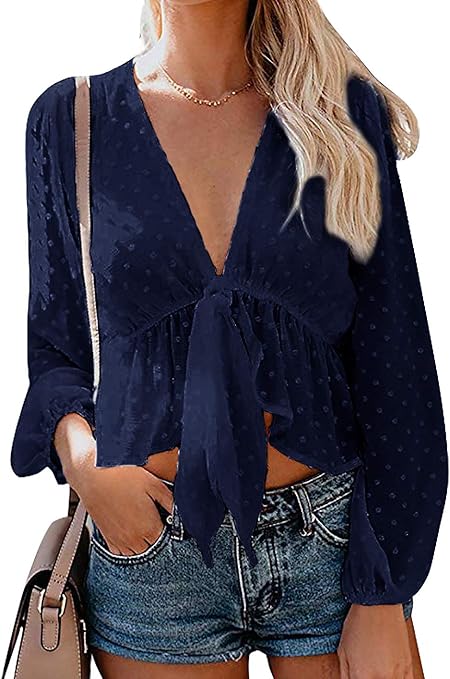 plunging neck tied bowknot crop blouse