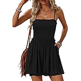 Relipop Womens Romper 2026 Summer Casual Smocked Sleeveless Spaghetti Strap Double Layer Mini Shorts Jumpsuit & Pockets