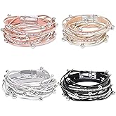 ZAGQIG 4pcs Leather Wrap Bracelets For Women,Boho Multi-Layer Inlaid Beads Handmade Bracelets Fashion Stack Bracelets Jewelry Elegant Leather Bracelet