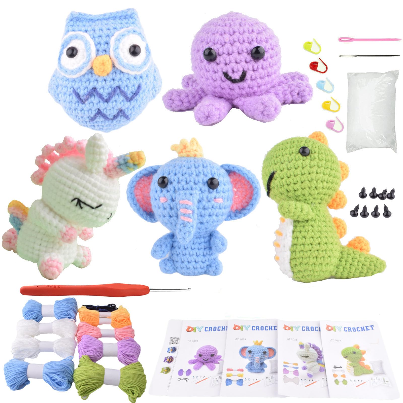 Animal Crochet Kit, Crochet Starter Kit for Beginners Adults,Complete DIY Crochet Set to Make 5 pcs Animals,Learn to Knitting Art Craft Kits with Instructions and Video Tutorials