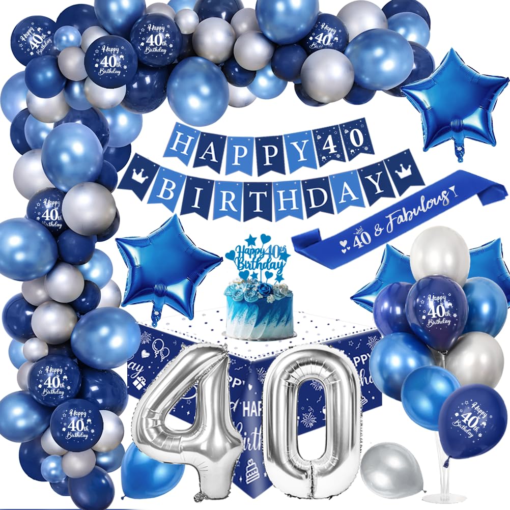 TOLOYE 40th Birthday Party Decorations Men,Royal Blue Balloon Arch Kit with Happy Birthday Banner,Cake Topper,Tablecloth,Foil Confetti Balloon,Large Number 40 Balloon,Chrome Blue Silver Balloons