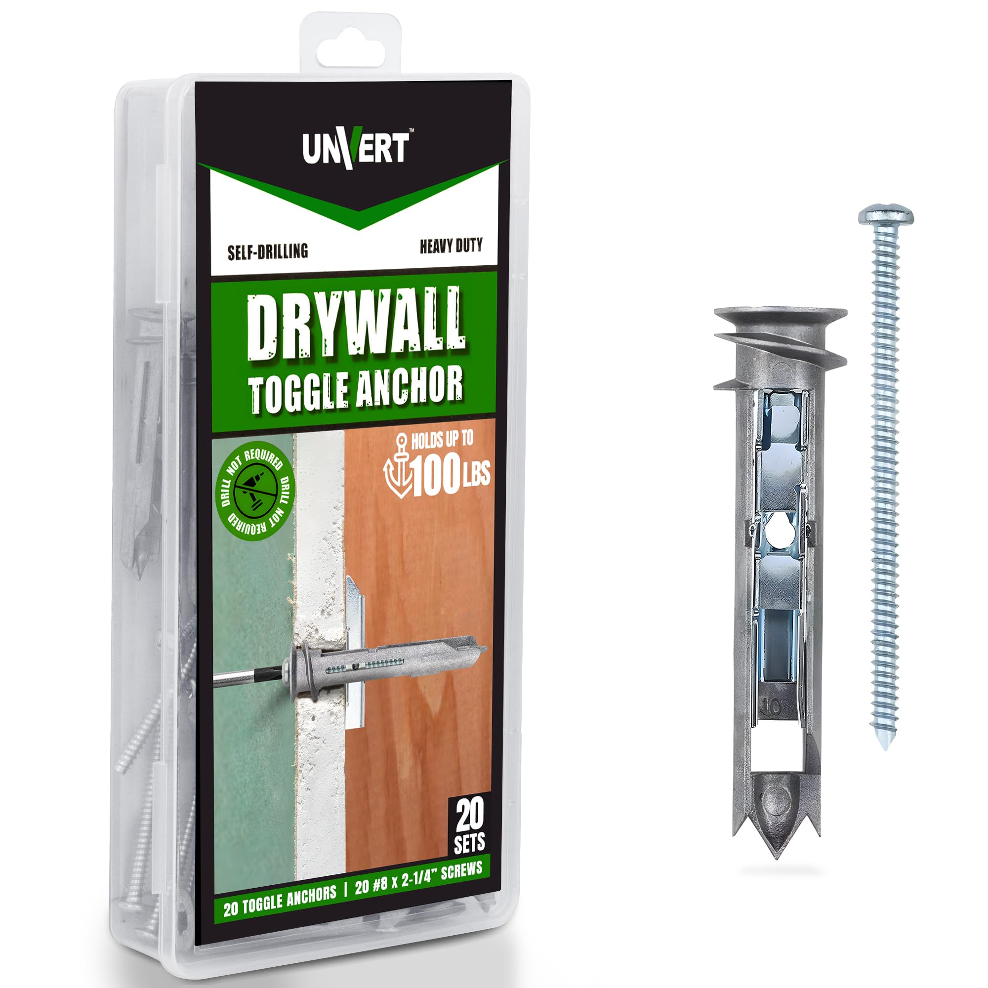 Photo 1 of Self Drilling Ez Drywall Toggle Anchor Kit, Heavy Duty #8 Anchor with Screws - Easy Wall Ancors for Hanging and Mounting - Holds Up to 100 Lb. (20 Pack)