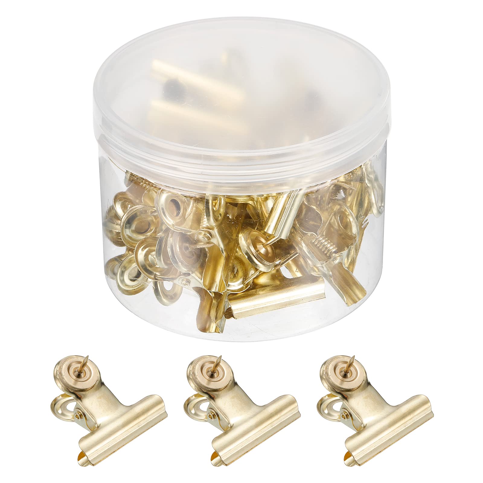 PATIKIL Push Pin Clips, 30 Pack Metal Thumb Tacks with Clip for Office Artwork Cork Board, Gold