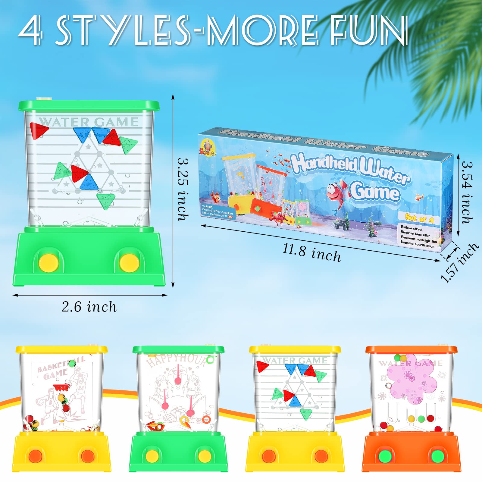 4 Pieces Handheld Water Game Arcade Water Ring Water Tables for Beach Toys Fish Rings Party Favor Fun Game Basketball Fun Gifts Without Water in a Gift Box 2.6 x 3.27 in (Vivid Style)