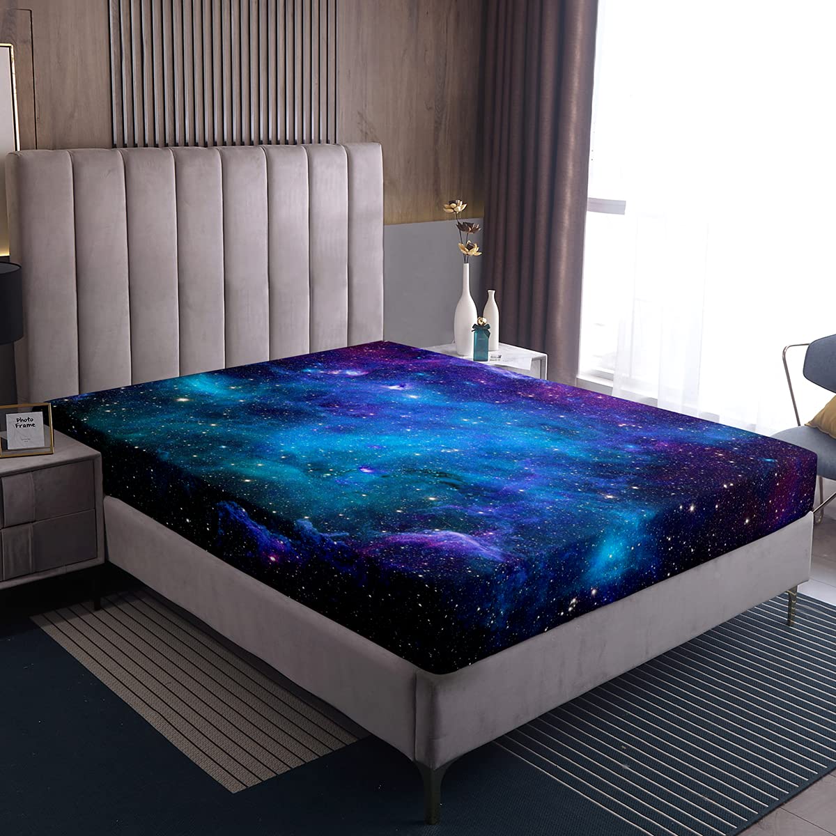 Loussiesd Galaxy Fitted Sheet 100% Microfiber Breathable Universe Starry Sky Space Only Bedsheet No Pillowcases Fitted Sheets Luxury Single Size(90 x 190+30cm) — image 1