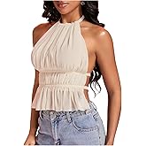 Milumia Women's Sexy Pleated Ruffle Hem Halter Top Backless Sleeveless Party Club Tops