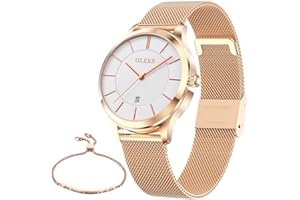 OLEVS Womens Watch Gifts Set with Bracelet Rose Gold for Lady Female Minimalist Simple Slim Thin Casual Dress Analog Quartz Wrist Watches Waterproof Two Tone
