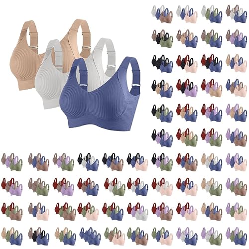 3 Pack Bralettes for Women Plus Size Non Wired Bra Ladies Padded Push Up Bralette Multipack Wide Strap Brassiere Full Coverage High Impact Support Bra Everyday Bras for Yoga Running Jogging Gym