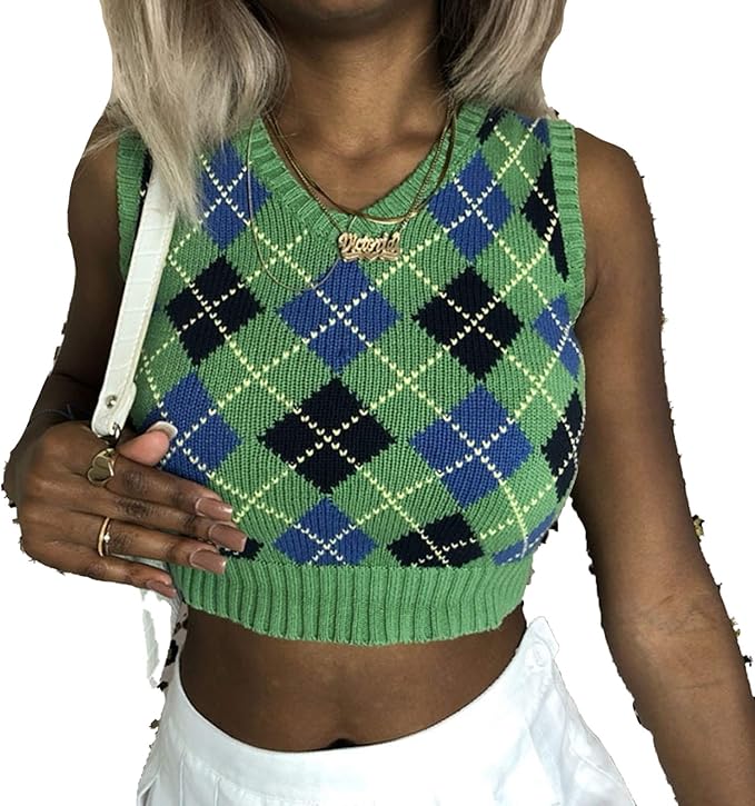 Outwears Suéter Chaleco Y2K Mujeres de Punto sin Mangas a Cuadros Crop Top Suéteres Vintage Outwears Suéter Chaleco Y2K Mujeres de Punto sin Mangas a Cuadros Crop Top Suéteres Vintage