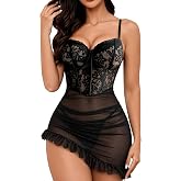 Foxiny Underwire Lace Ruched Bodycon Lingerie Dress Kit | Unlined cups, four-way stretch mesh, adjustable straps and asymmetric ruffle hem define the waist-to-hip line; matching thong