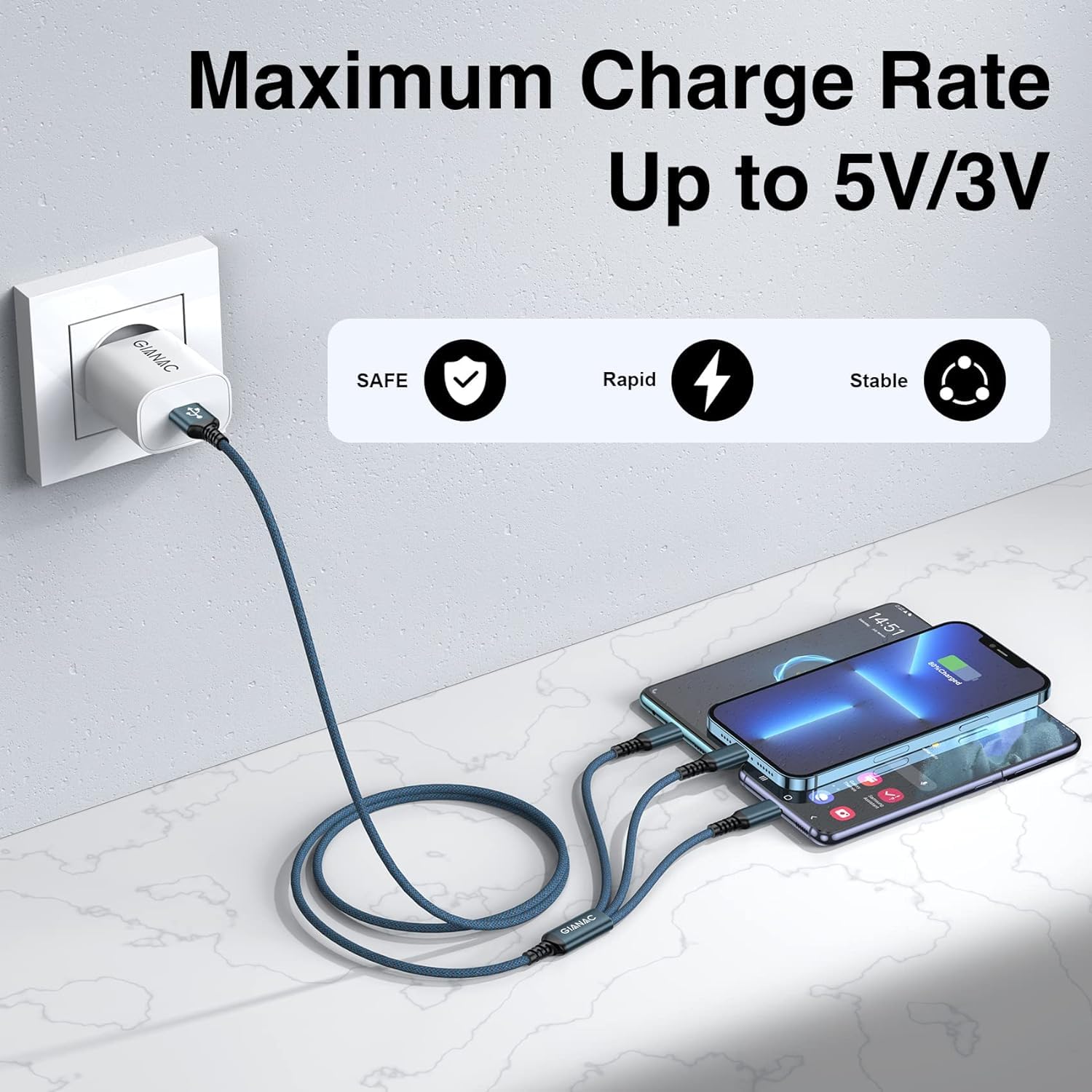 GIANAC Multi USB Kabel [3Stück 1.2M] 3 in1 Universal Ladekabel Schnell Ladekabel Mehrfach mit Micro USB Typ C Lightning Kabel für iPhone, Android Galaxy, Huawei,Oneplus,Sony,Honor View 2