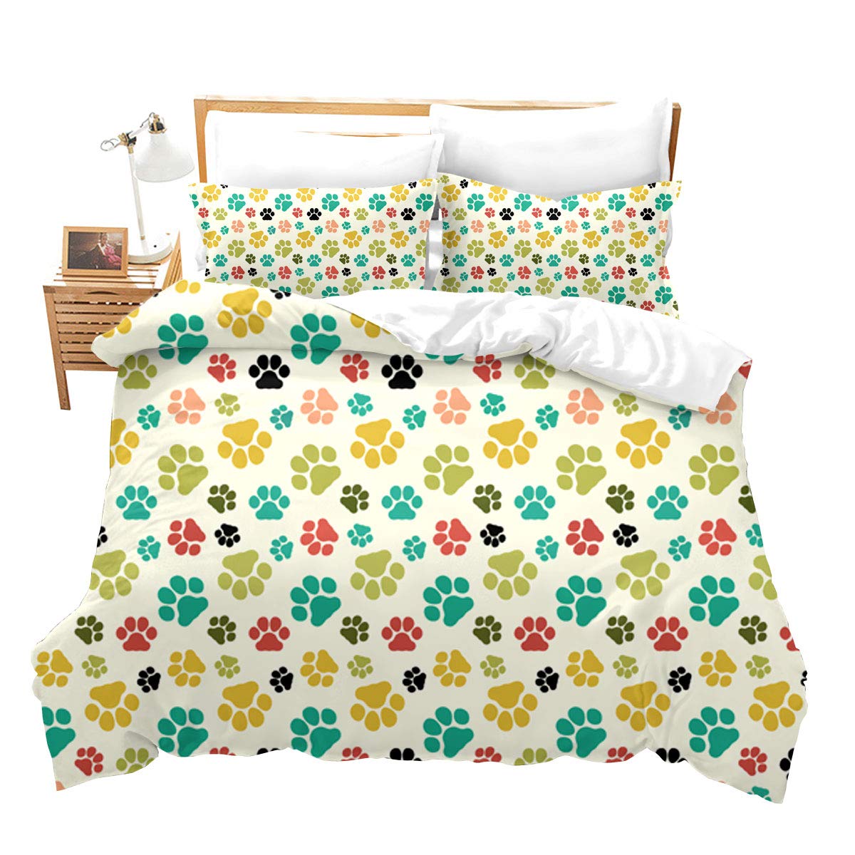 Loussiesd Cat Dog Paw Prints Duvet Cover Set Single Size for Girls Kids Teens Footprint Pattern Bedding Set Paw Print Traces Comforter Cover with 1Pillow Shams Ultra Soft Microfiber Zipper