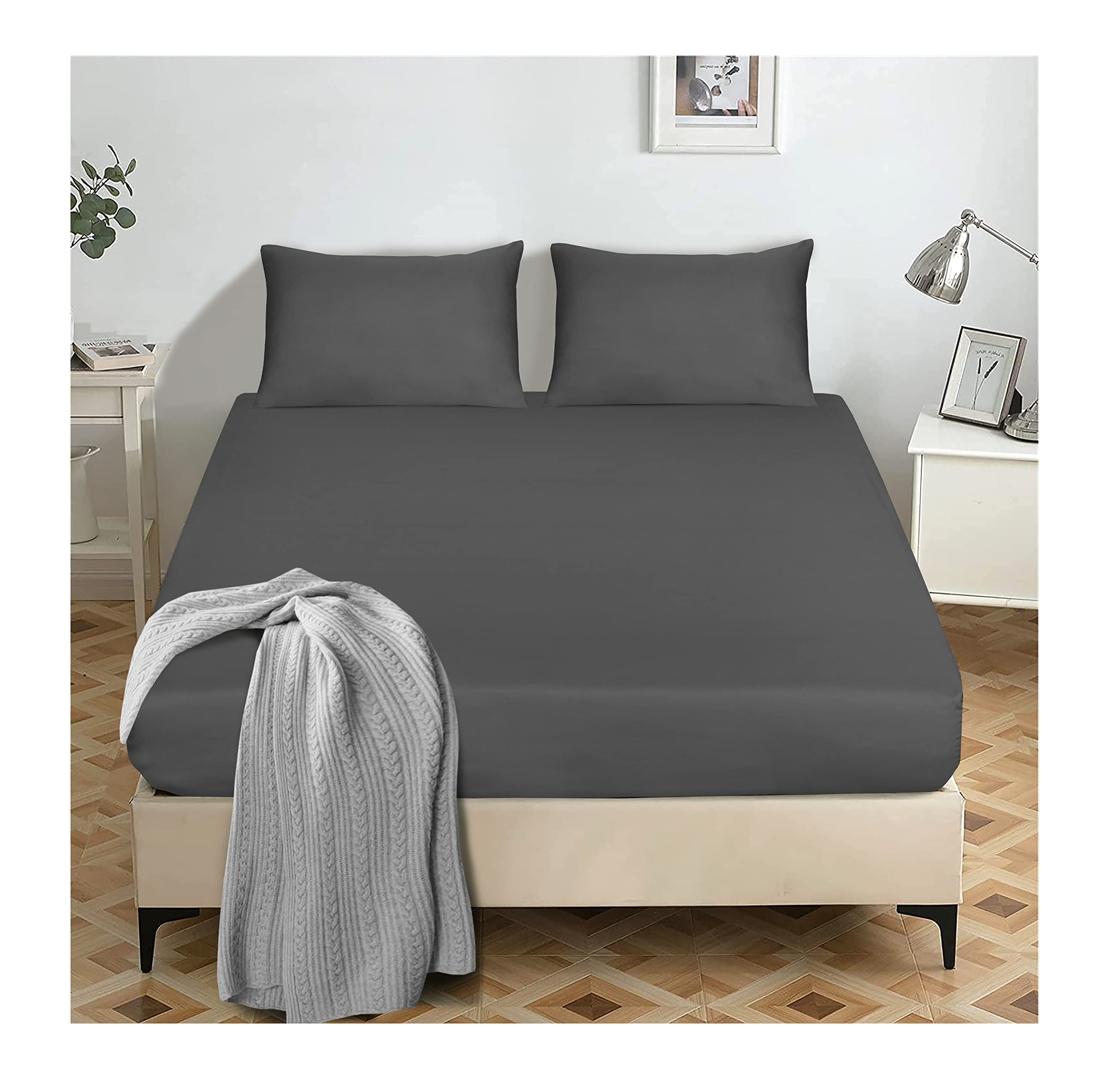 Dark Grey Fitted Sheet Super King Size - 25cm Deep Pocket - Easy Care - Brushed Microfiber Bed Sheets - Bedding and linen Bottom sheet - 180 x 200 cm