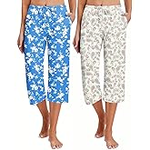 Ekouaer 2 Pack Women's Capri Pajama Pants Printed Drawstring Comfy Pj Bottoms With Pockets