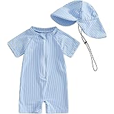 Nibbcoa Toddler Baby Boys Seersucker Short Sleeve One Piece Rash Guard Swimsuit Zipper Bathing Suit Swimwear with Hat